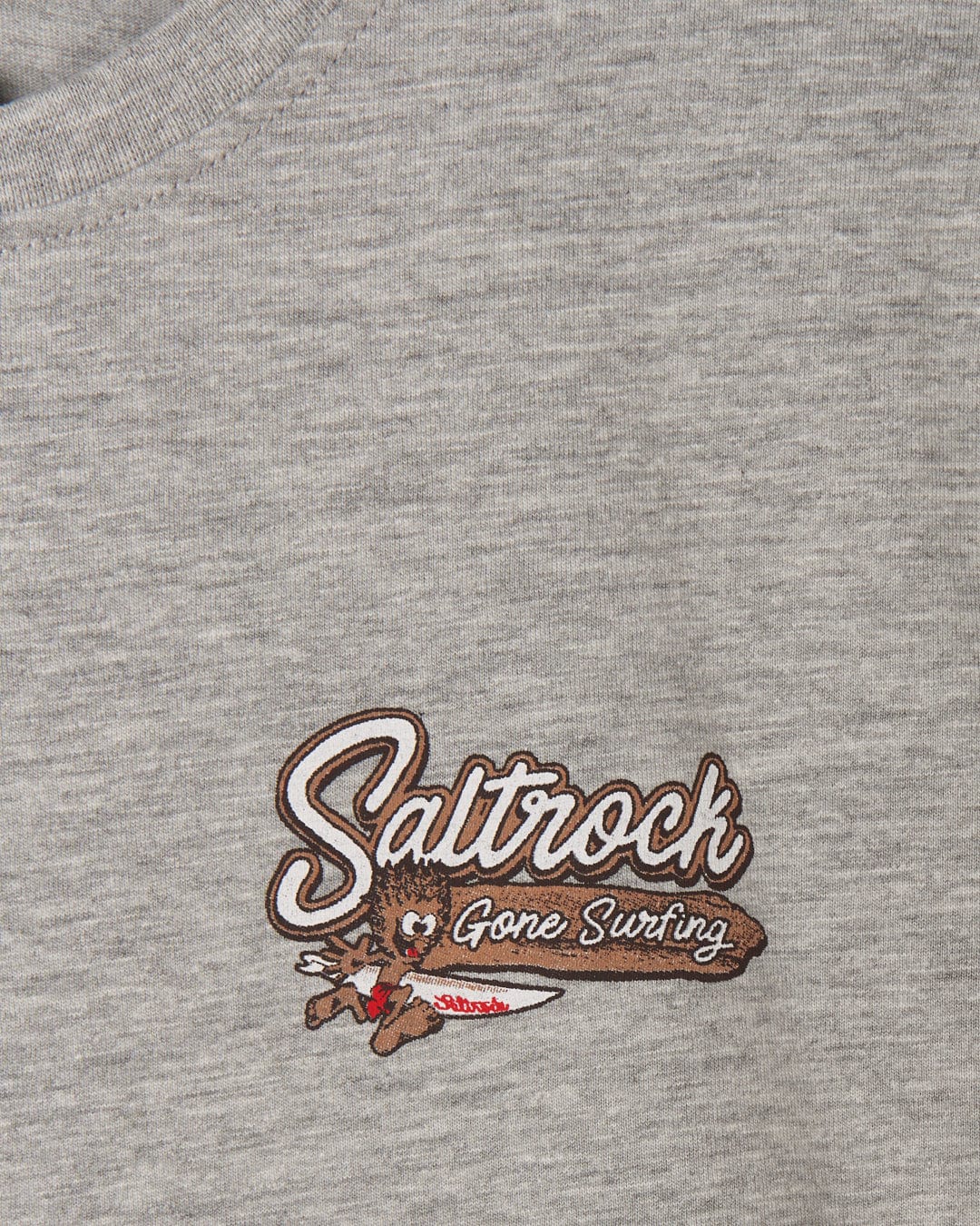 A gray Beach Signs Cornwall - Mens Short Sleeve T-Shirt - Grey Marl with a Saltrock branding logo in brown.