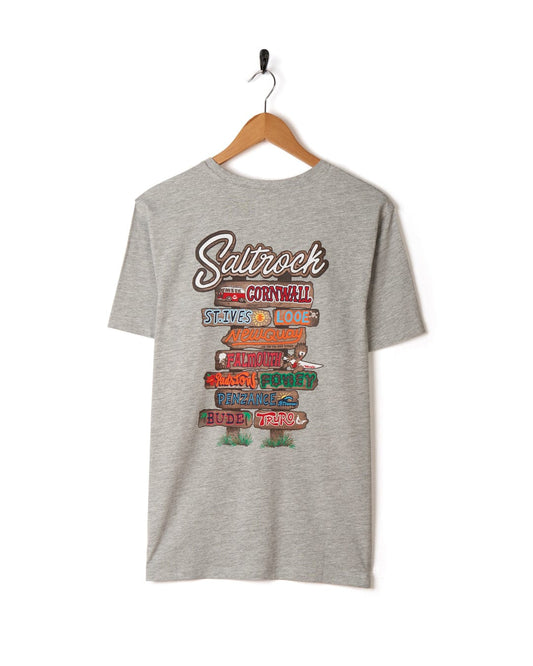 A cotton t-shirt with Saltrock branding that says Stiffack - Beach Signs Cornwall Mens Short Sleeve T-Shirt Grey Marl.