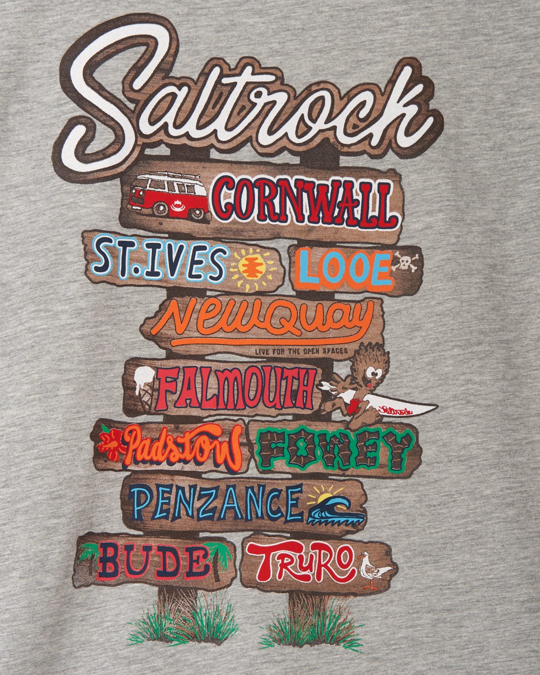 A Beach Signs Cornwall - Mens Short Sleeve T-Shirt - Grey Marl with the Saltrock branding and "Cornwall" printed on it.