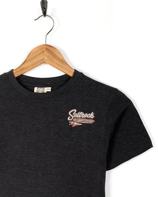 A Saltrock Cornwall-themed t-shirt featuring the Beach Signs Cornwall - Kids Short Sleeve T-Shirt - Dark Grey.