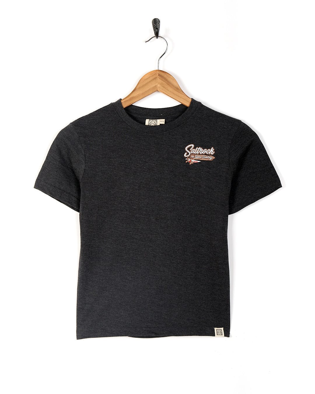 A Saltrock Cornwall-inspired black t-shirt perfect for beach lovers, featuring a subtle Beach Signs Cornwall - Kids Short Sleeve T-Shirt - Dark Grey logo.