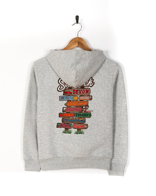 A grey Beach Signs Devon - Kids Pop Hoodie with a coastal spots design on it from Saltrock.
