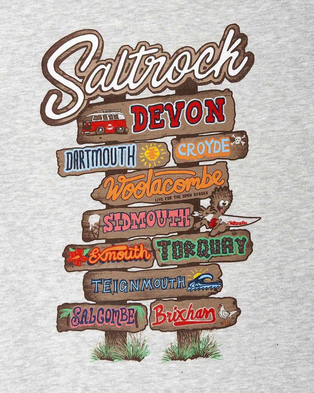 A Beach Signs Devon - Kids Pop Hoodie - Grey featuring the iconic Saltrock logo, perfect for beachgoers and lovers of Devon's stunning beaches.
