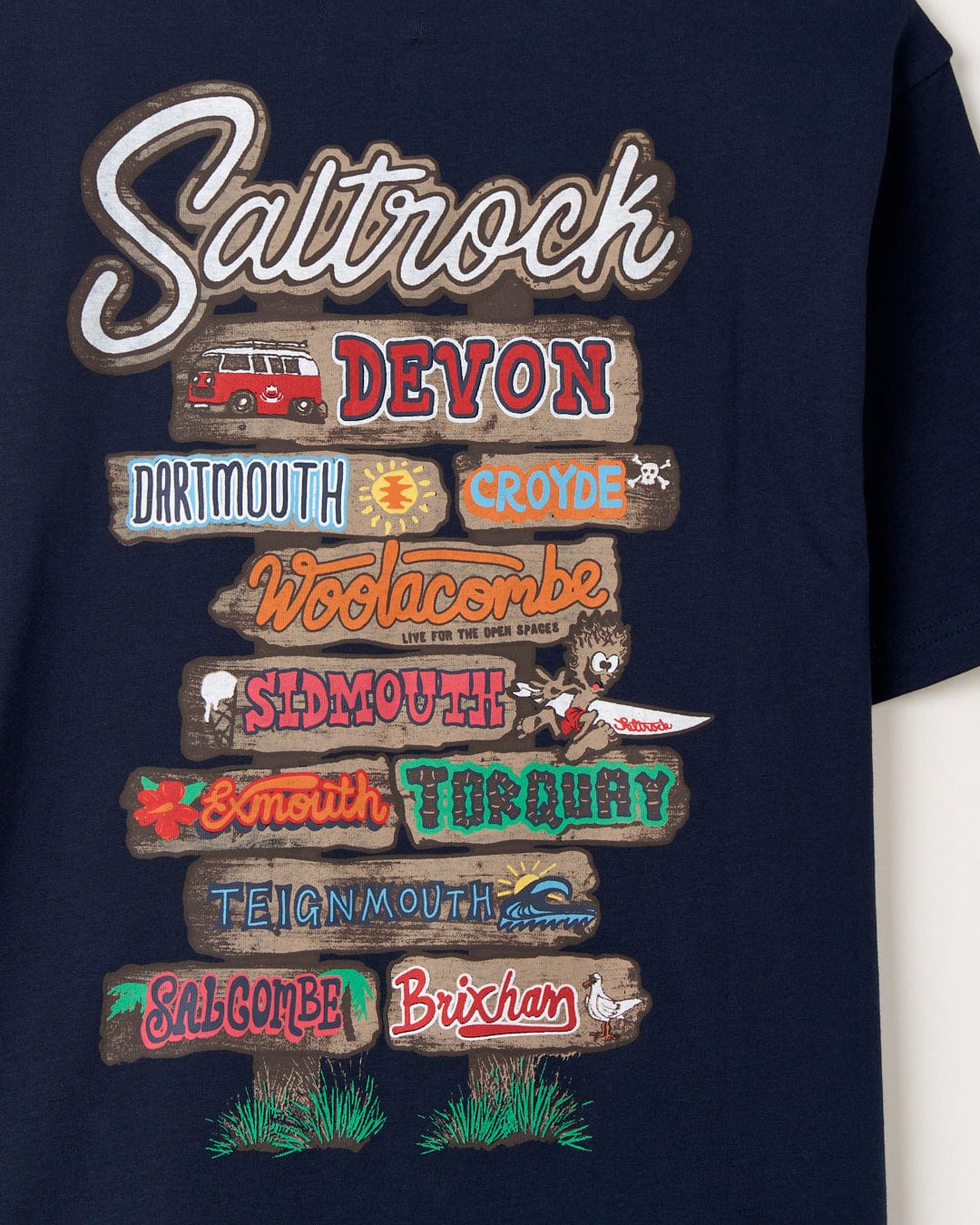 This t-shirt features the Saltrock branding, inspired by Beach Signs Devon, with a peached soft hand feel.