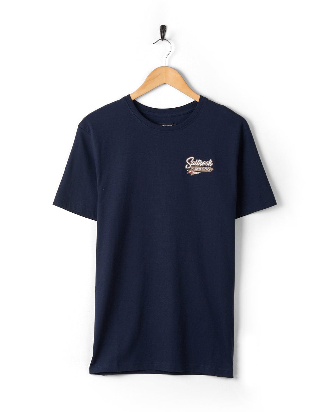 A navy t-shirt featuring the Saltrock branding logo, with a peached soft hand feel.