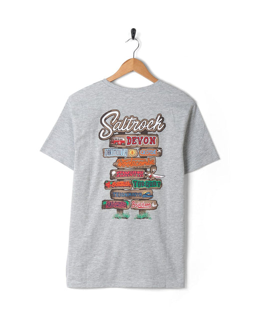 A grey t-shirt with a skateboard on it and soft hand feel.
Product Name: Saltrock - Mens Short Sleeve T-Shirt in Grey Marl, featuring Beach Signs Devon
Brand Name: Saltrock