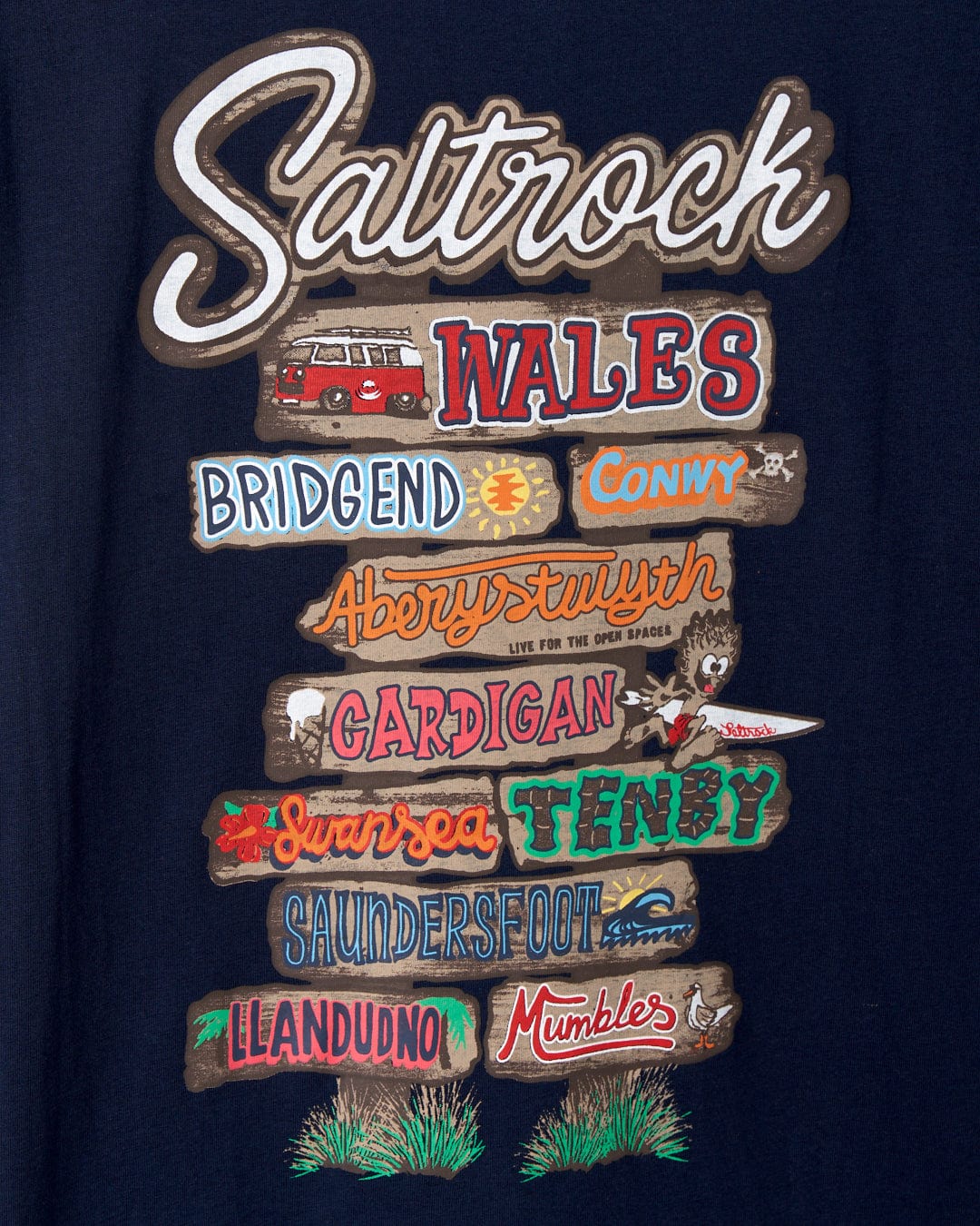 A Beach Signs Wales - Mens Short Sleeve T-Shirt - Blue with the Saltrock branding and soft hand feel finish, featuring beach signs.