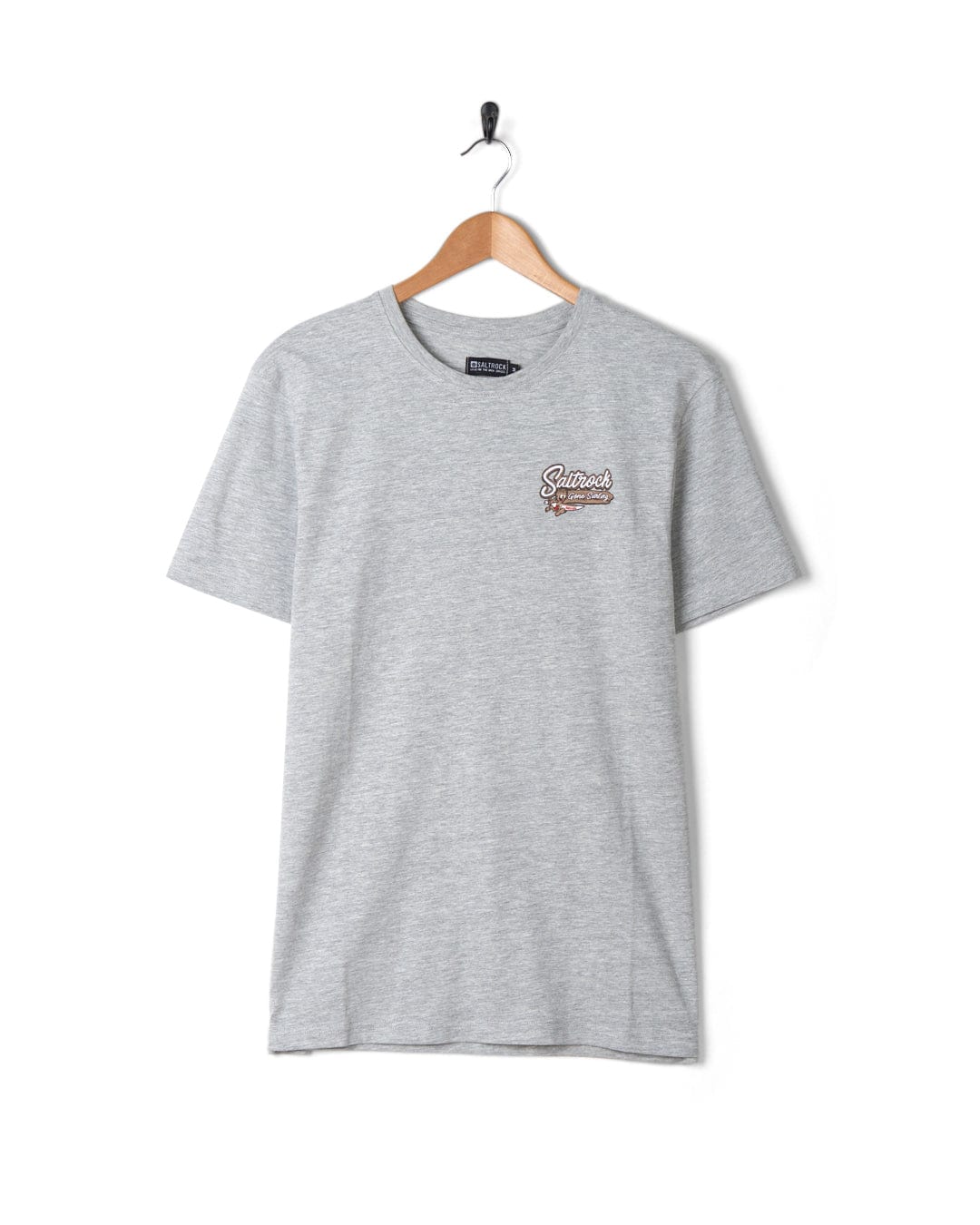 A grey Beach Signs Wales - Mens Short Sleeve T-Shirt - Grey Marl with a Saltrock branding logo on it.