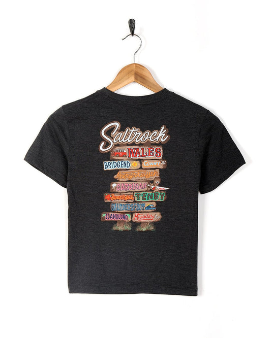 A Beach Signs Wales - Kids Short Sleeve T-Shirt - Dark Grey with the word Saltrock on it, perfect for representing your love for Cornwall beaches in Wales.
