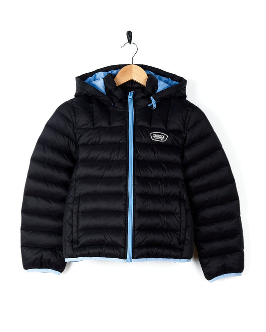 A warm Beau - Kids Puffer Jacket in black and blue, hanging on a hanger in style.