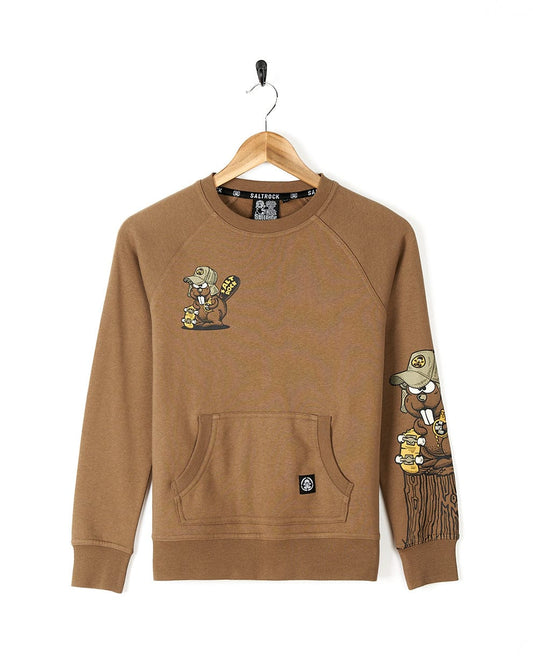 A Saltrock Beavering Around - Kids Sweat - Brown sweatshirt with a subtle bear embroidered on it.