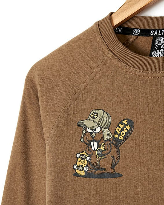 A Saltrock brown sweatshirt with the Beavering Around - Kids Sweat - Brown embroidery.