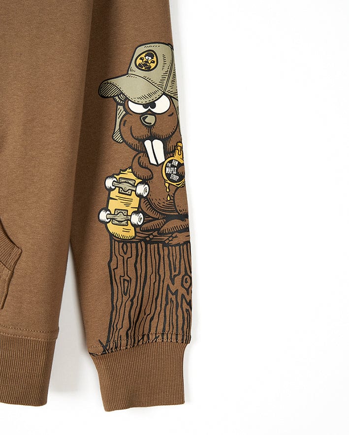 A "Beavering Around - Kids Sweat - Brown" with a cartoon bear on it made by Saltrock.