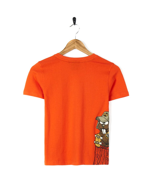 An orange tee with a bear on it featuring Saltrock branding, the Beavering Around - Kids Short Sleeve T-Shirt - Orange.