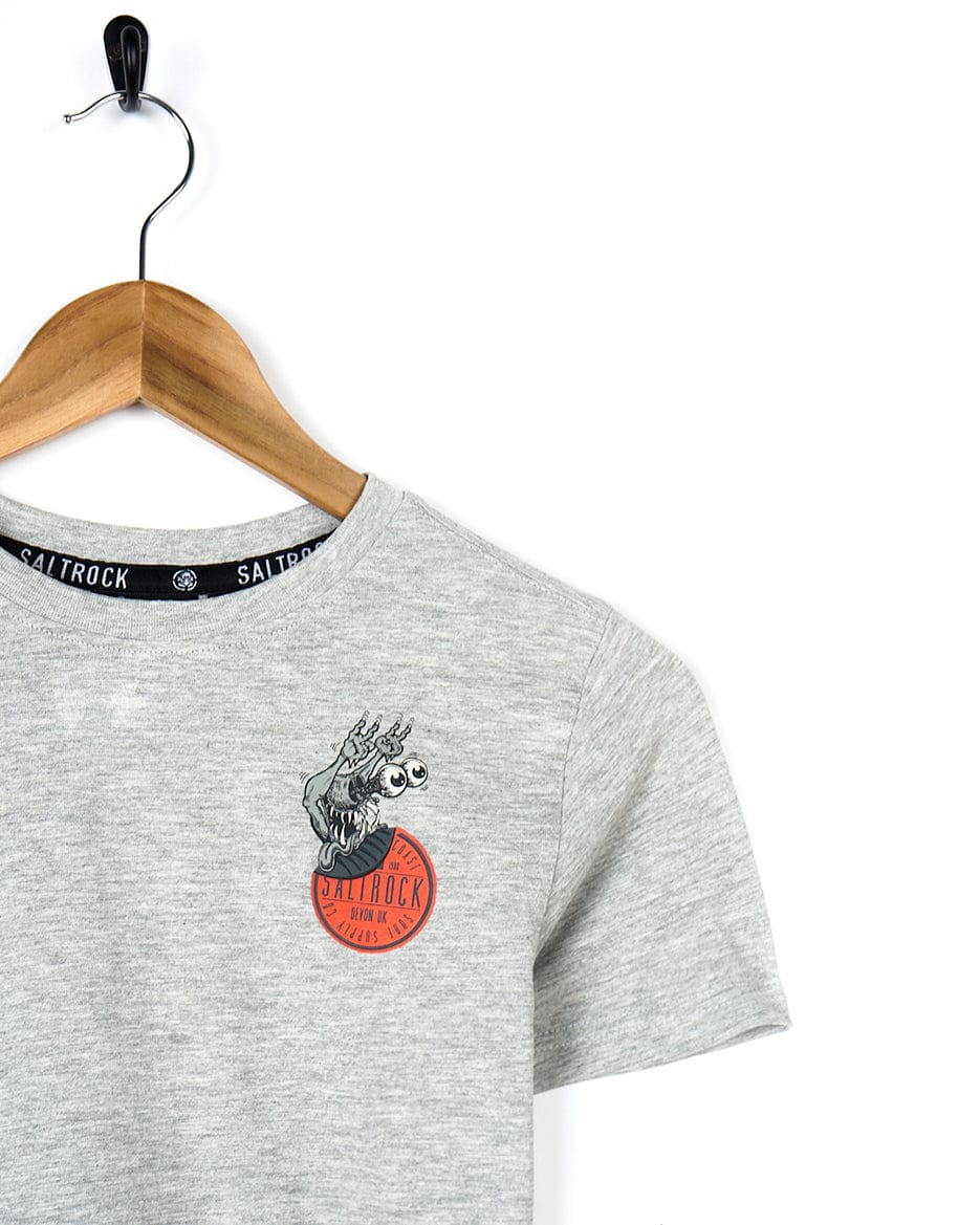 A graphic Saltrock Bedford Mash Up - Kids Short Sleeve T-Shirt - Grey featuring a Saltrock illustration of a red bird.
