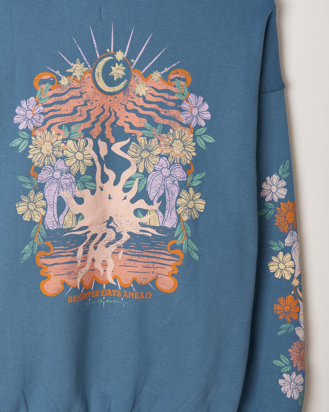 Saltrock Blue Better Days - Womens Pop Hoodie featuring a graphic design with floral elements and the text "Luna - Brighter Days Ahead," including additional flower patterns along the sleeve.