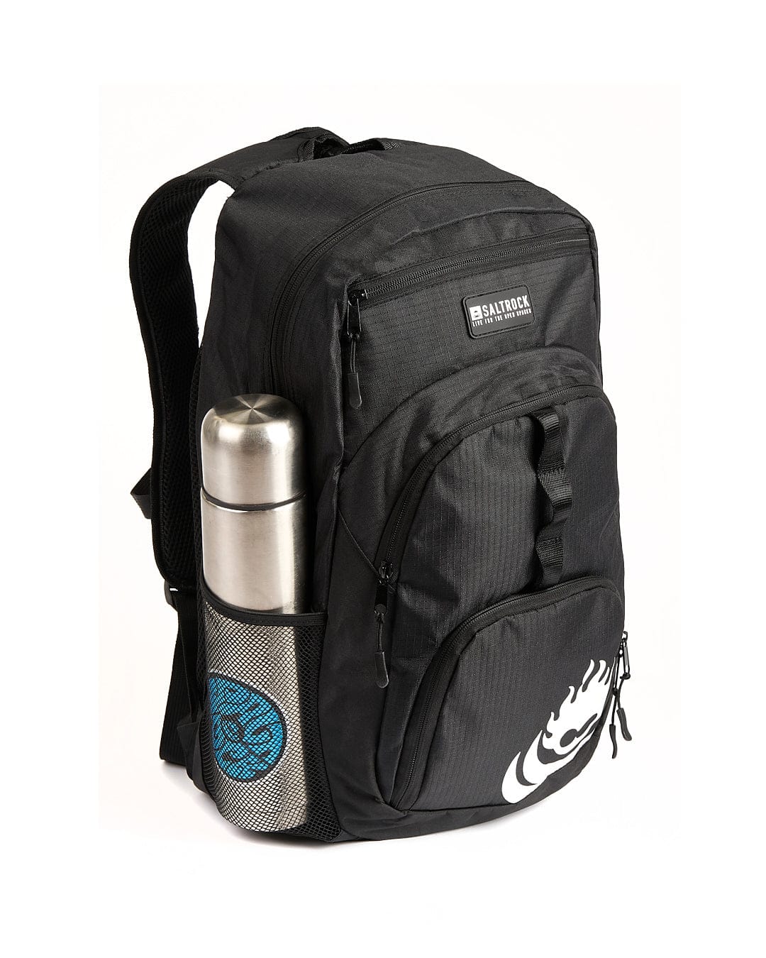A Saltrock - Boardwalk Backpack - Black with a cup and a bottle.