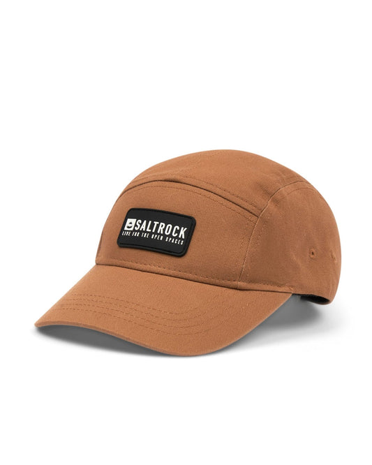 Brown Boardwalk - 5 Panel Cap - Brown made of cotton with a black Saltrock logo patch on an isolated white background.