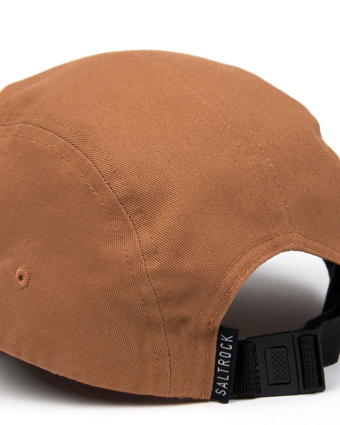 Saltrock Boardwalk - 5 Panel Cap - Brown with adjustable strap on a white background.