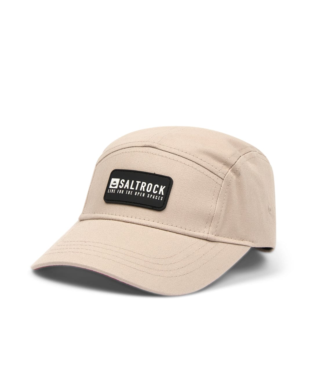 Cream cotton baseball cap with Saltrock logo on white background, featuring an adjustable strap.