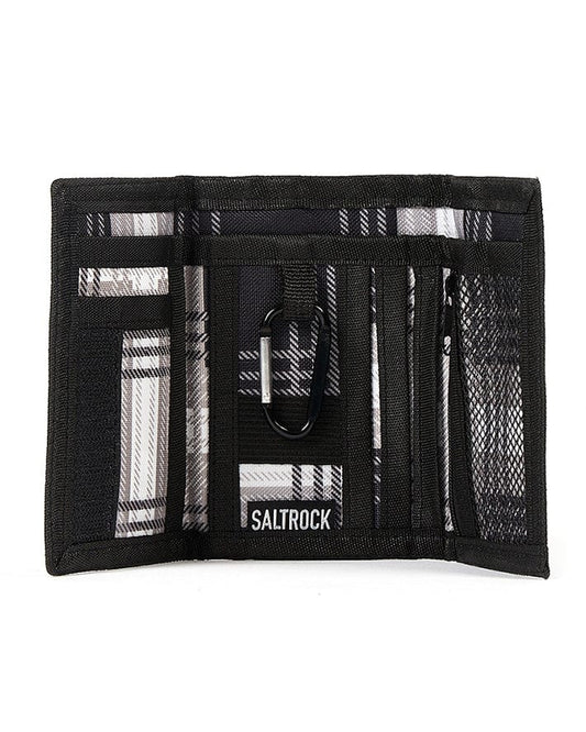 A black and white Boardwalk - Tri-Fold Wallet - Grey with the brand name Saltrock on it.