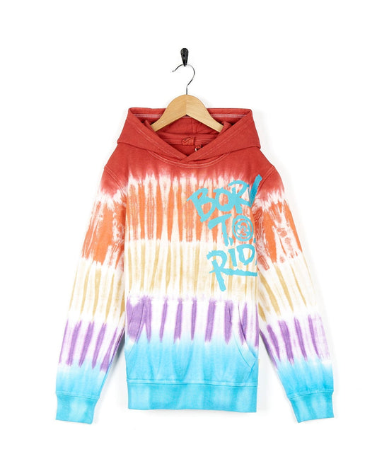 A boy's Born To Ride - Kids Tie Dye Pop Hoodie - Red by Saltrock hanging on a hanger.