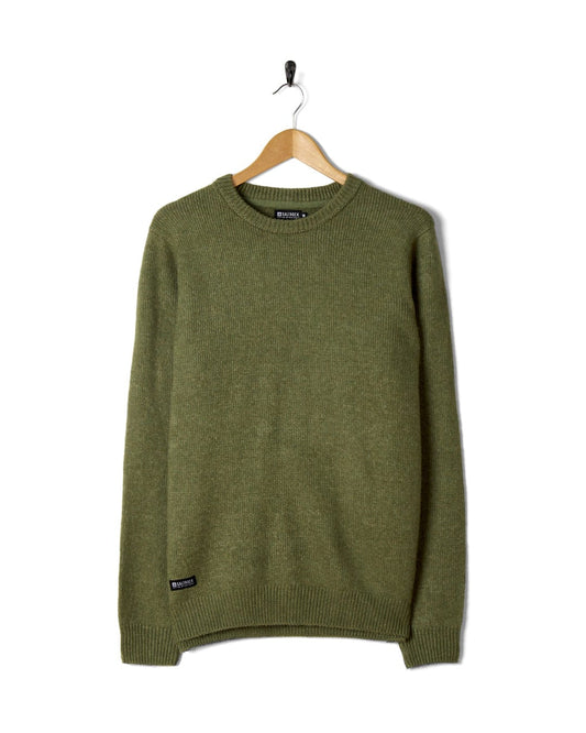 Soft Bowen - Mens Long Sleeve Crew Knit - Green sweater hanging on a clothes hanger against a white background. (Saltrock)
