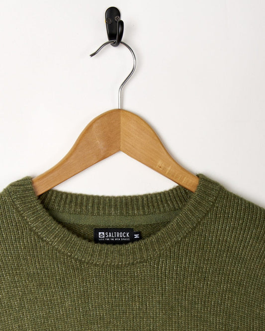 Bowen - Mens Long Sleeve Crew Knit - Green sweater by Saltrock on wooden hanger against a white background.