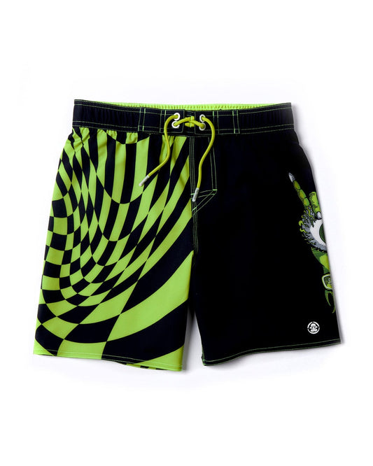 A black Bowling for Surf - Kids Boardshorts - Black/Green with a checkered design, made from Repreve recycled material.