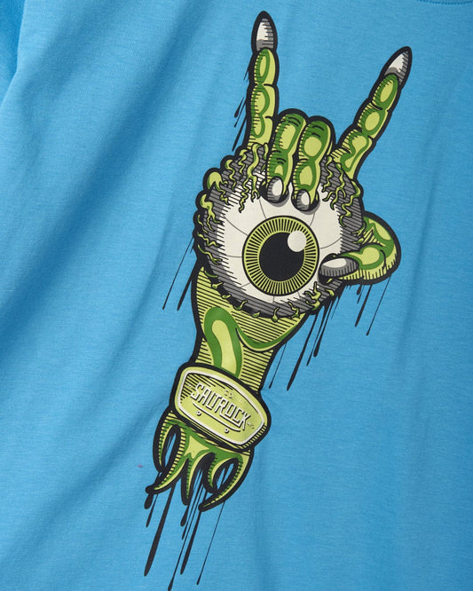 Graphic print of a stylized eye embedded in a hand making a rock gesture, featuring the glow-in-the-dark Saltrock skateboard logo on the Bowling for Surf - Kids Short Sleeve Glow in the Dark T-Shirt.