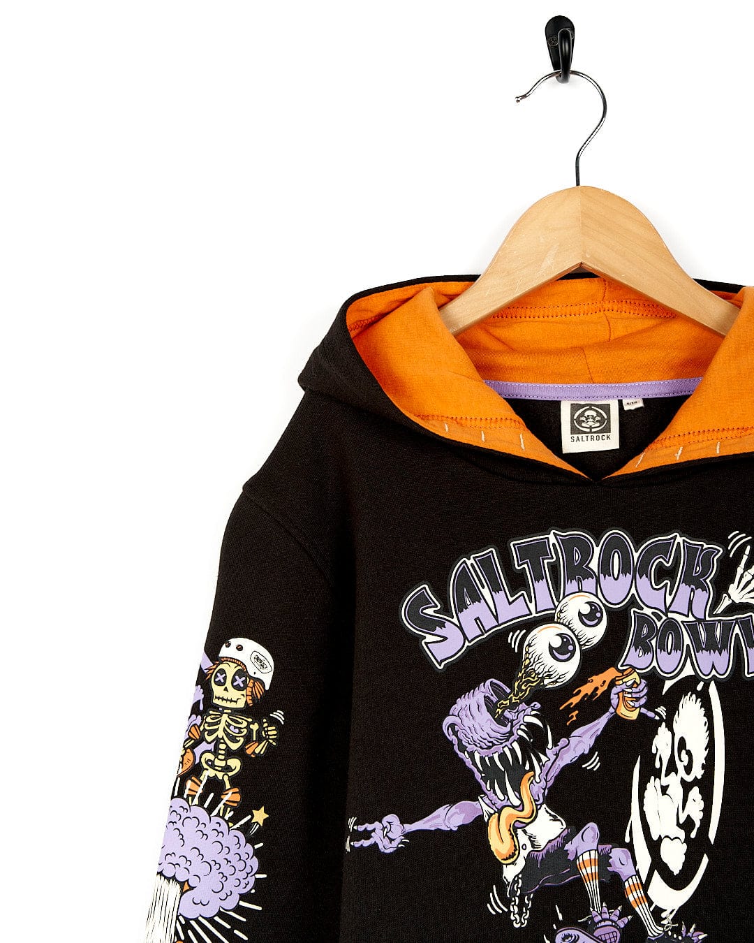 A Saltrock black and orange hoodie with cartoon characters on it.