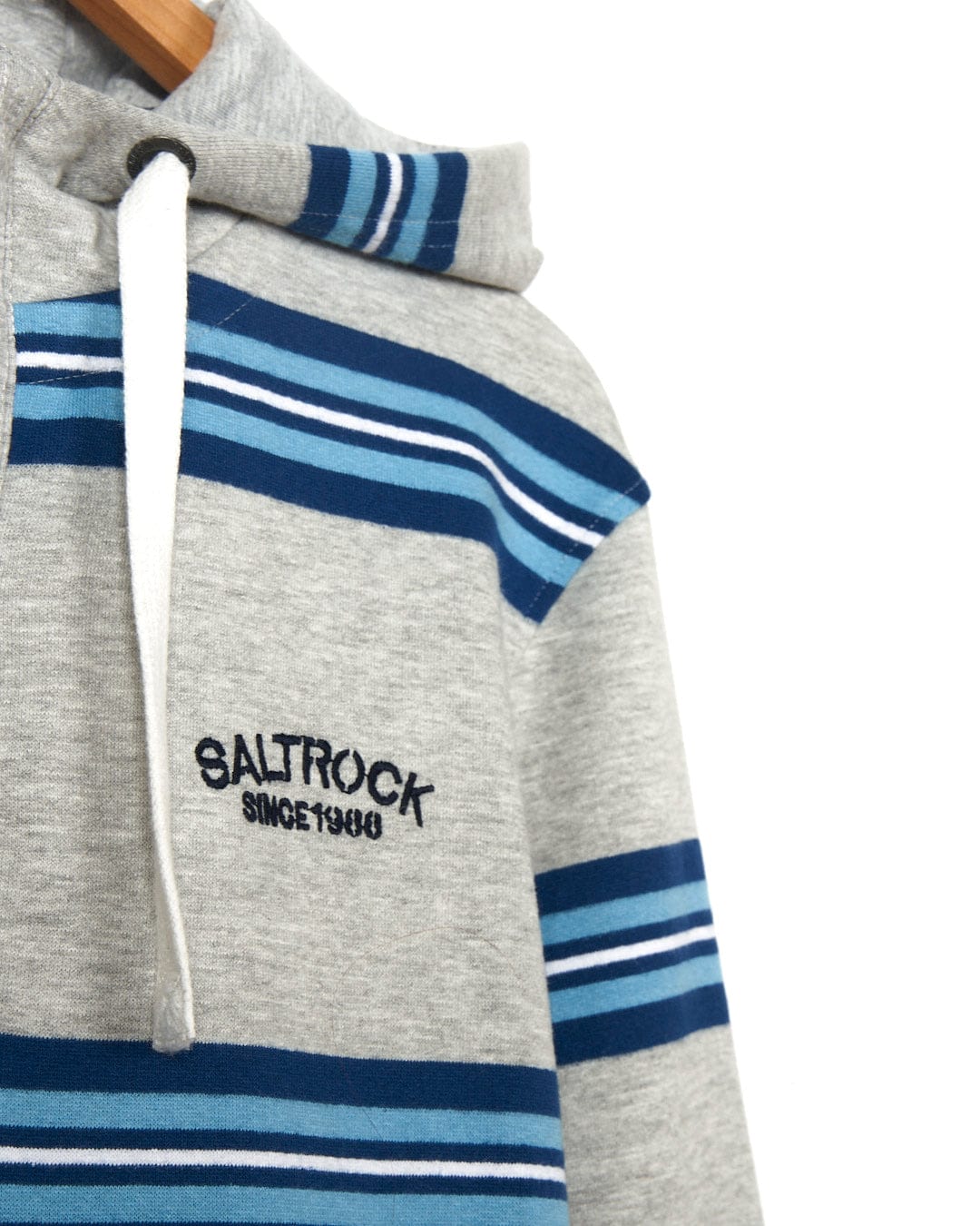 A grey and blue striped hoodie with the word Saltrock on it.