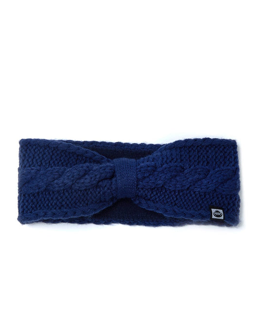 A fashionable Cable - Knitted Headband - Blue by Saltrock that provides warmth with a charming bow accent.