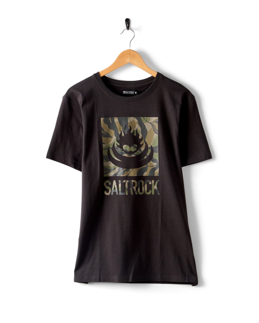 The Saltrock "Camo Leaf Flame" men's dark grey t-shirt, made from 100% cotton, displays a unique camo pattern logo with the word "Saltrock" on the front, combining comfort and style effortlessly.