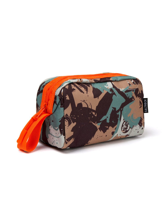 A small, rectangular Camo - Pencil Case with a contrasting orange zip and a black Saltrock branding tag on one side.