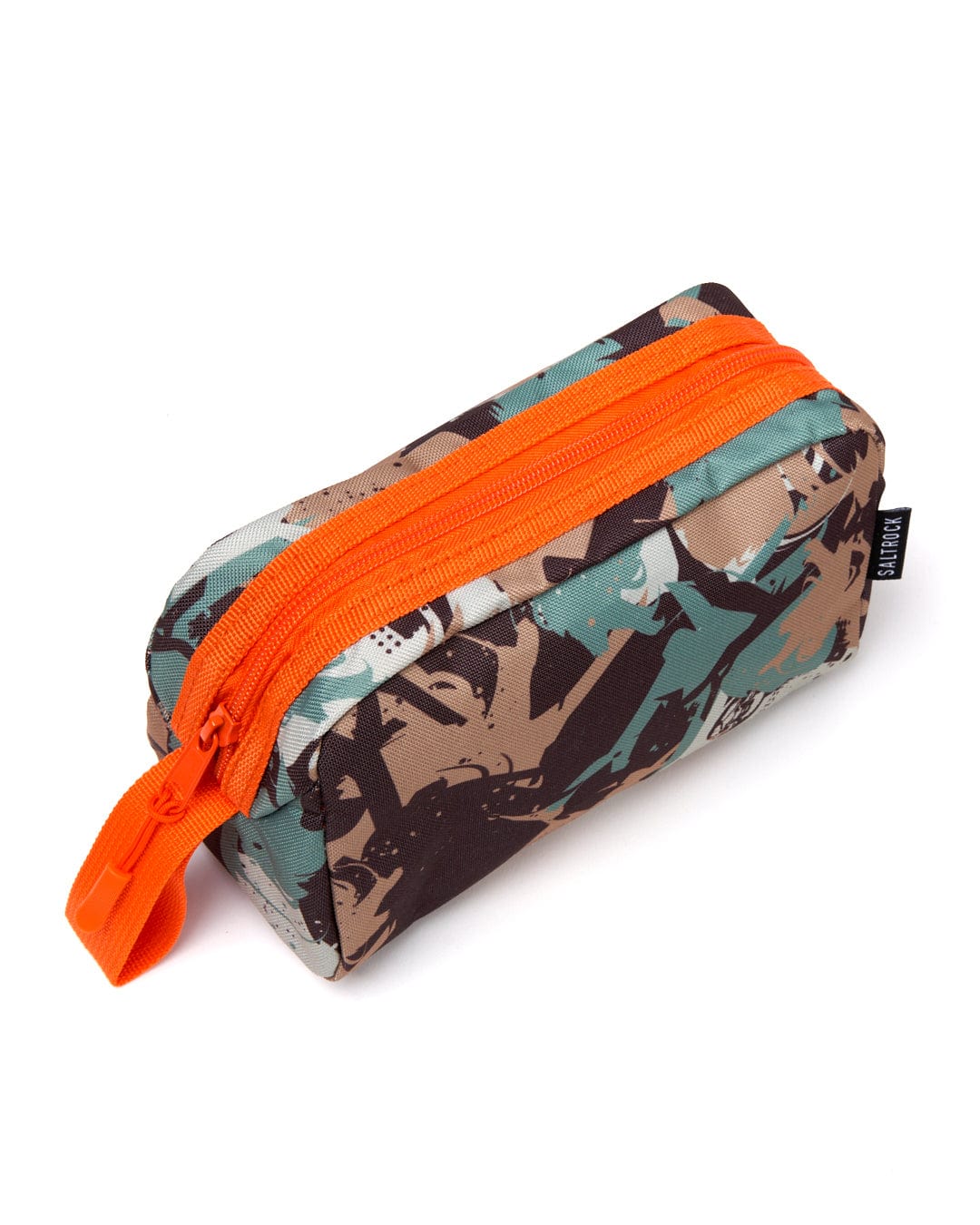 A small Camo pencil case from Saltrock with a contrasting orange zip, isolated on a white background.