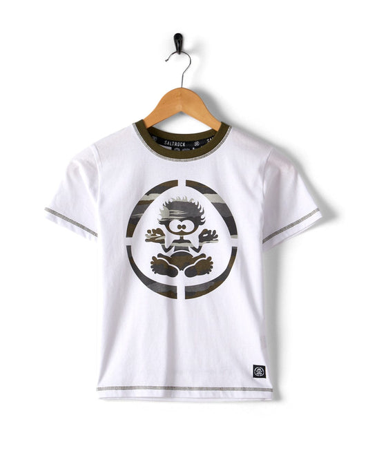 The Saltrock Camo Stripe Tok Kids T-Shirt in white features gray trim, soft polyester fabric, and a cartoon character graphic inside a circular target. Machine washable, it’s displayed on a wooden hanger against a white background.