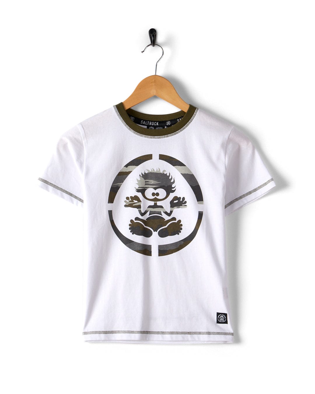 The Saltrock Camo Stripe Tok Kids T-Shirt in white features gray trim, soft polyester fabric, and a cartoon character graphic inside a circular target. Machine washable, it’s displayed on a wooden hanger against a white background.