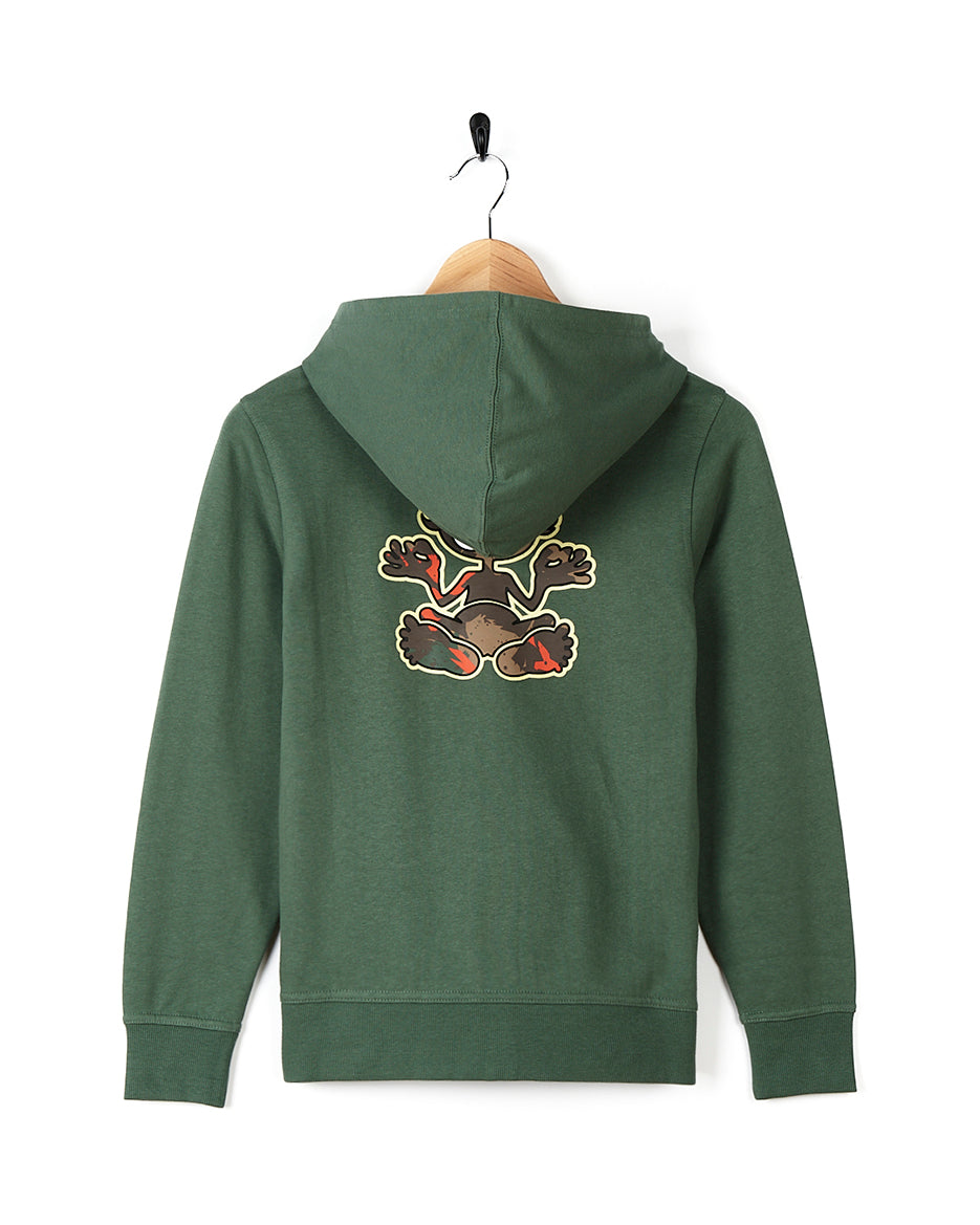 A Saltrock Camo Tok - Kids Glow in the Dark Zip Hoodie - Green with a skull and crossbones embroidered on it.