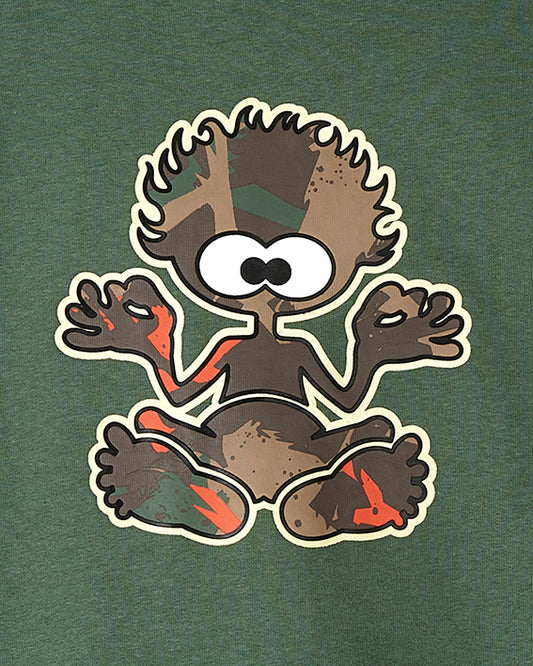 A Camo Tok - Kids Glow in the Dark Zip Hoodie - Green with a cartoon character on it, featuring a camo print. (Brand: Saltrock)