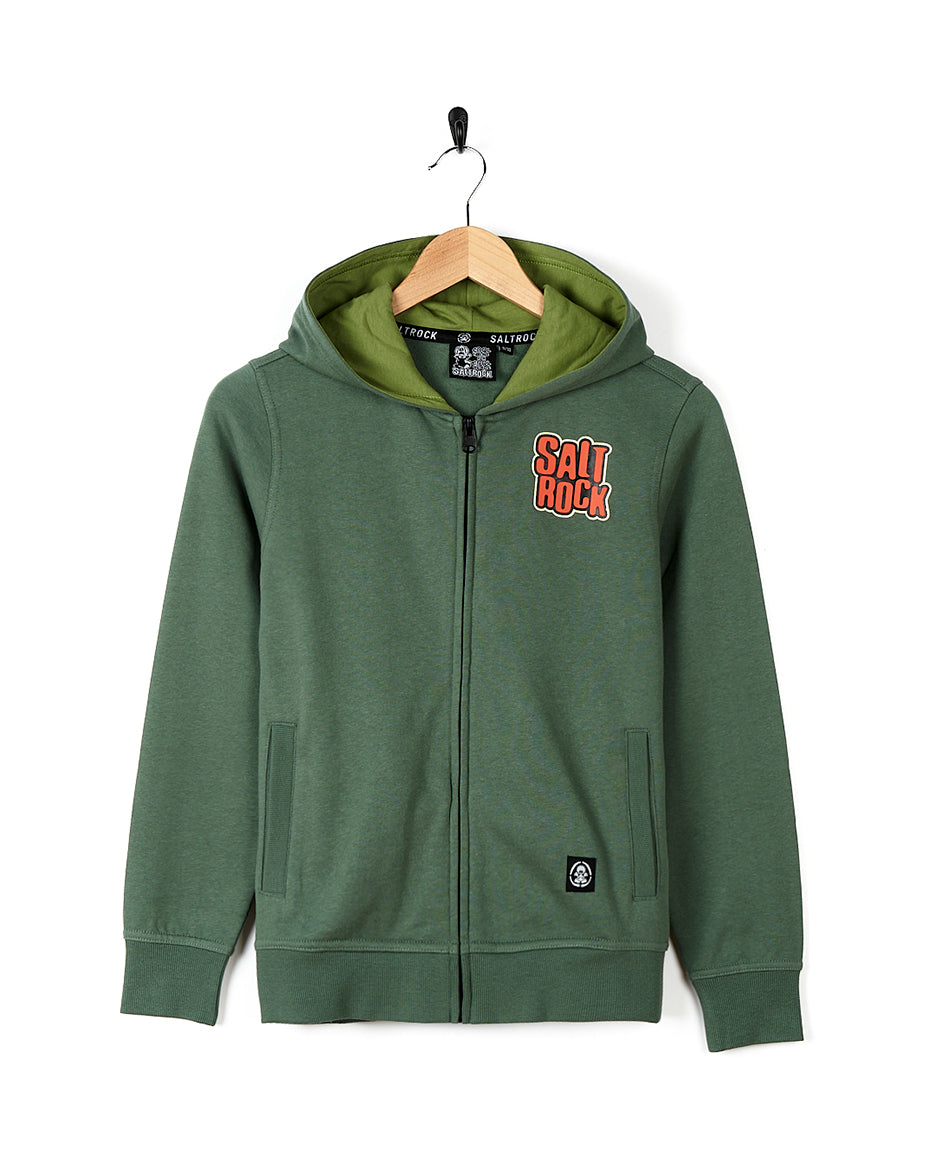 A Saltrock Camo Tok - Kids Glow in the Dark Zip Hoodie - Green with a camo print and the word "bl" on it.
