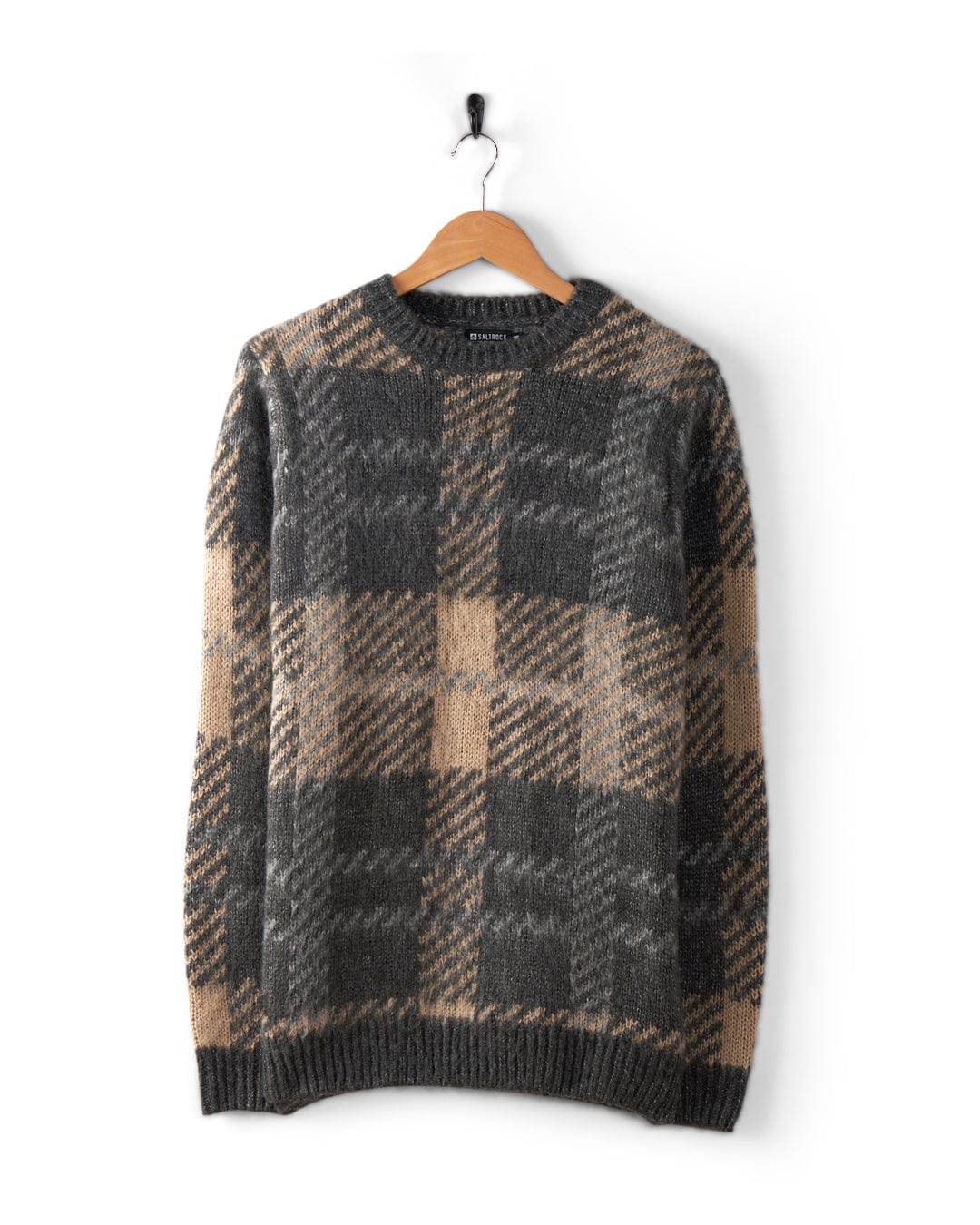 Checked Mens Oversized Check Knitted Jumper in Grey