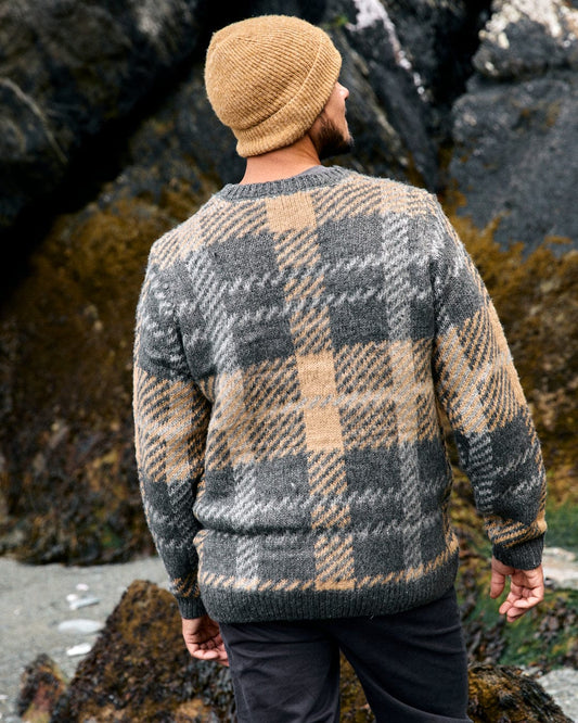 Checked Mens Oversized Check Knitted Jumper in Grey