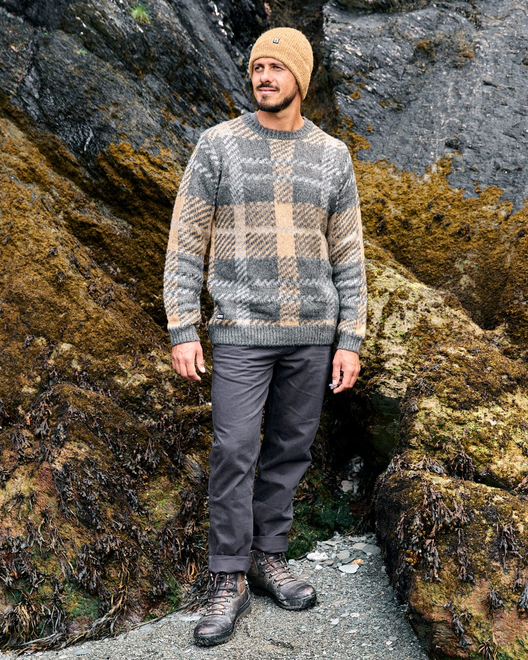 Checked Mens Oversized Check Knitted Jumper in Grey