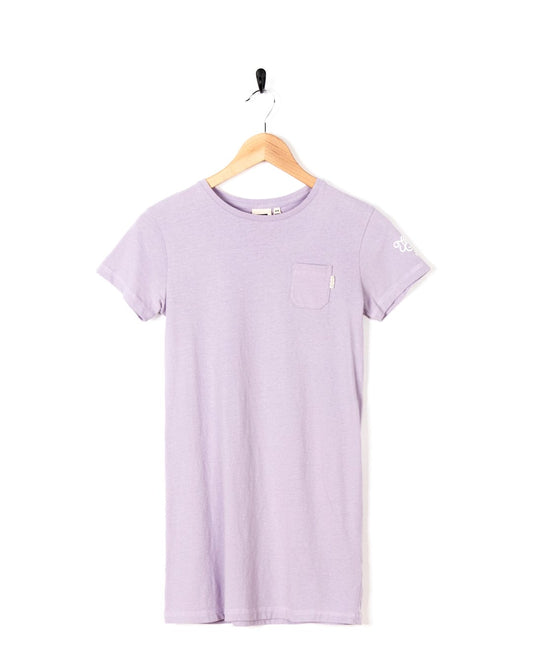 A Chicory - Kids Snowwash Dress - Purple with a pocket on it.