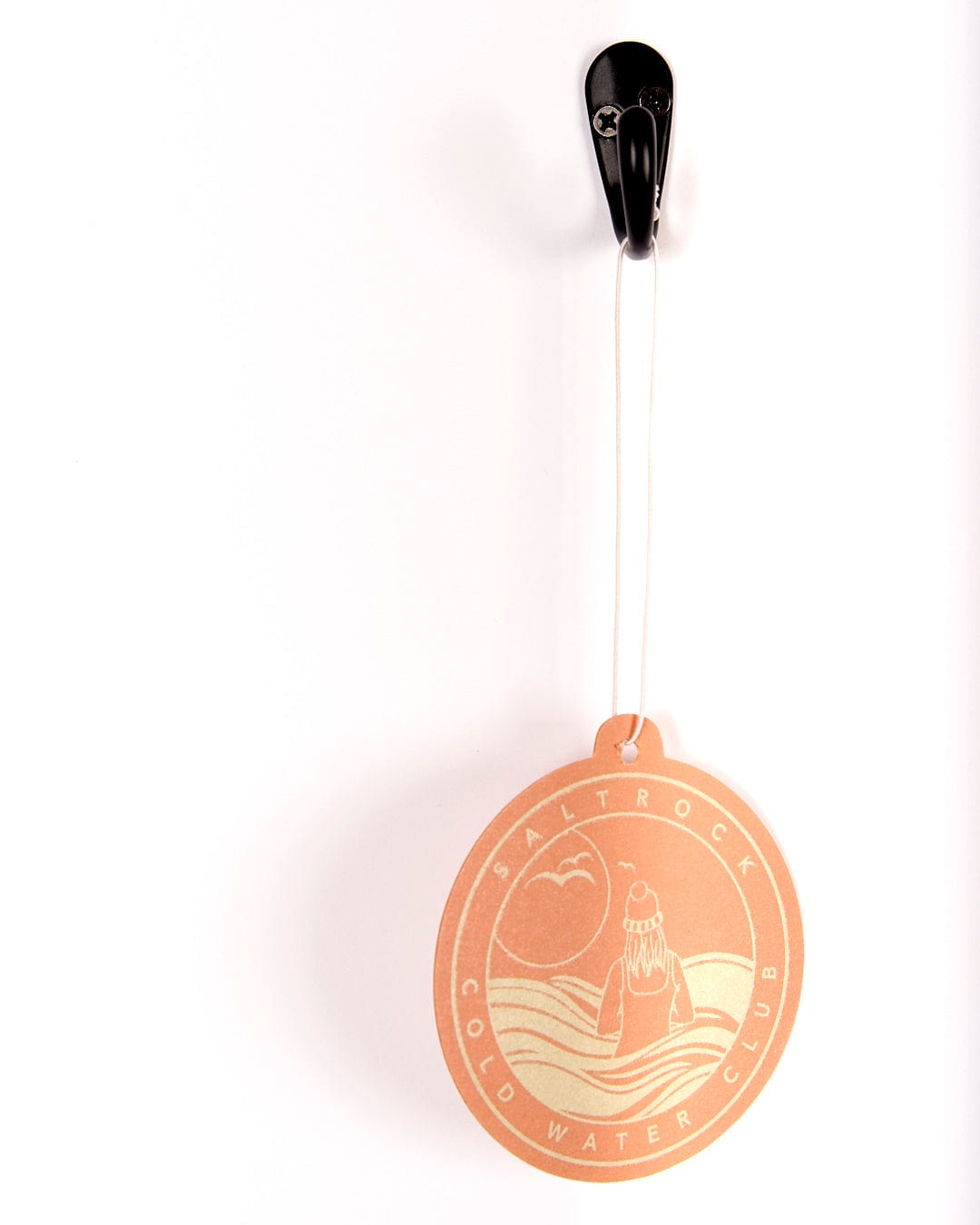 An orange and black luggage tag with a Cold Water Club - Air Freshener scented design on it by Saltrock.