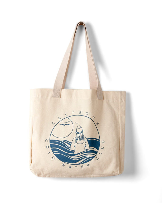 Saltrock Canvas tote bag with blue oceanic graphic design and shoulder straps.