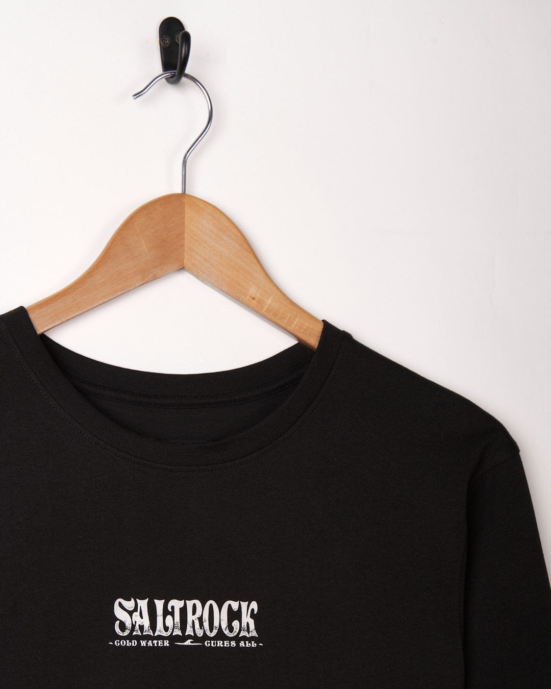 A Cold Water - Mens Short Sleeve T-Shirt in black with the Saltrock branding, known for its soft material and crew fit.