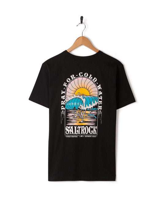 A Cold Water - Mens Short Sleeve T-Shirt in black with an image of a surfboard and a sunset, featuring Saltrock branding.
