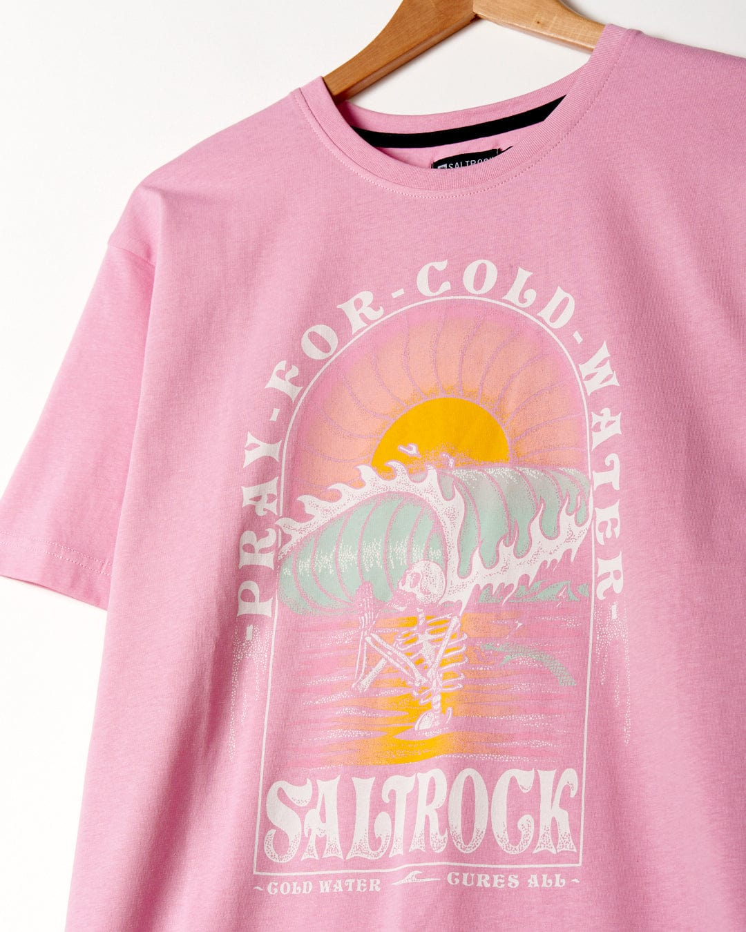 A pink crewneck t-shirt that says "pray for Cold Water - Womens Short Sleeve T-Shirt - Pink.